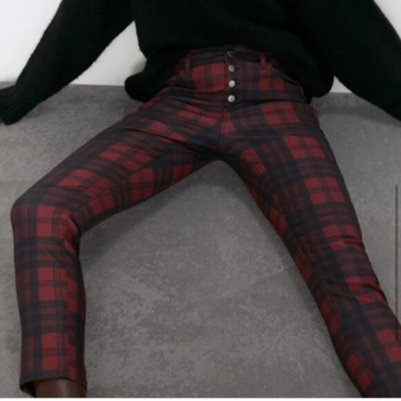 Zara Red and Black Plaid Check Skinny Pants Jeans Trousers Size - Picture 4 of 7